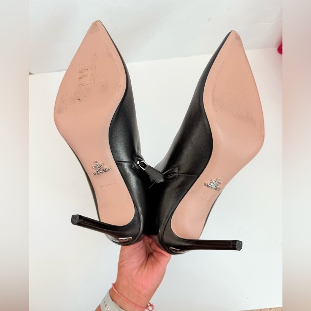 Prada Black Nappa Leather Triangle logo Plaque heel ankle booties EU 40 - Picture 9 of 13